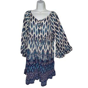 Roxy Mini Shift‎ Dress Button-Up Ruffle Sleeve 'Bluebird' Aqua Ivory Blue S